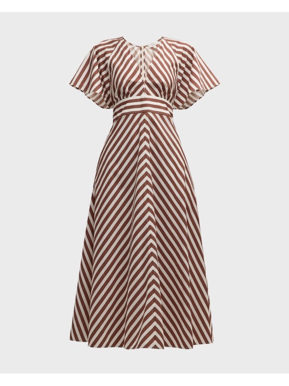 Oroton Midi Dress V-Neck Flutter Sleeve Brown & White Striped (US 10/AU 14) - Picture 2 of 9
